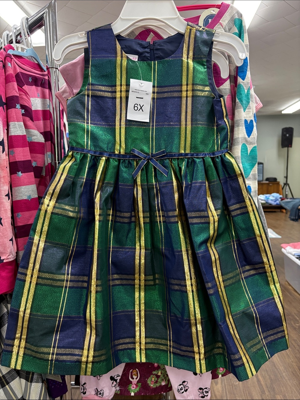 Bonnie Jean Green Navy Plaid Dress with Gold Accents